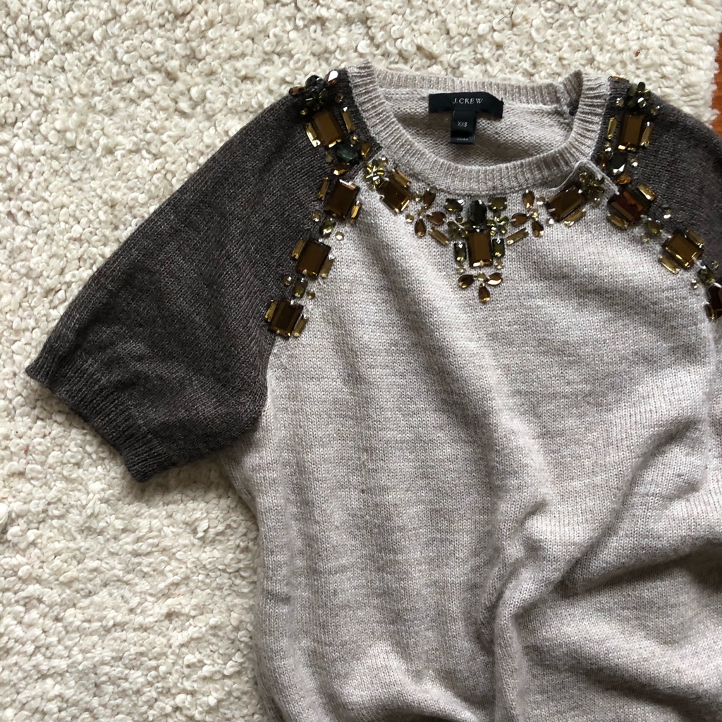 J.Crew Women’s Jeweled Necklace Sweater Pullover Short Sleeve Top Knit Wool Xxs